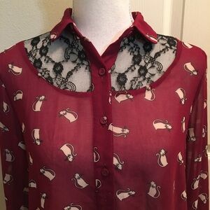 Forever 21 Sheer Cat Print Blouse With Lace
